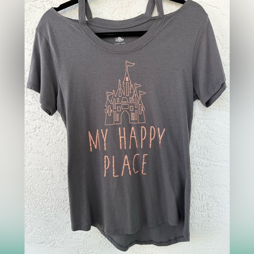 Disney Parks Glitter Castle My Happy Place Pink Gray Medium Short Sleeve Tee